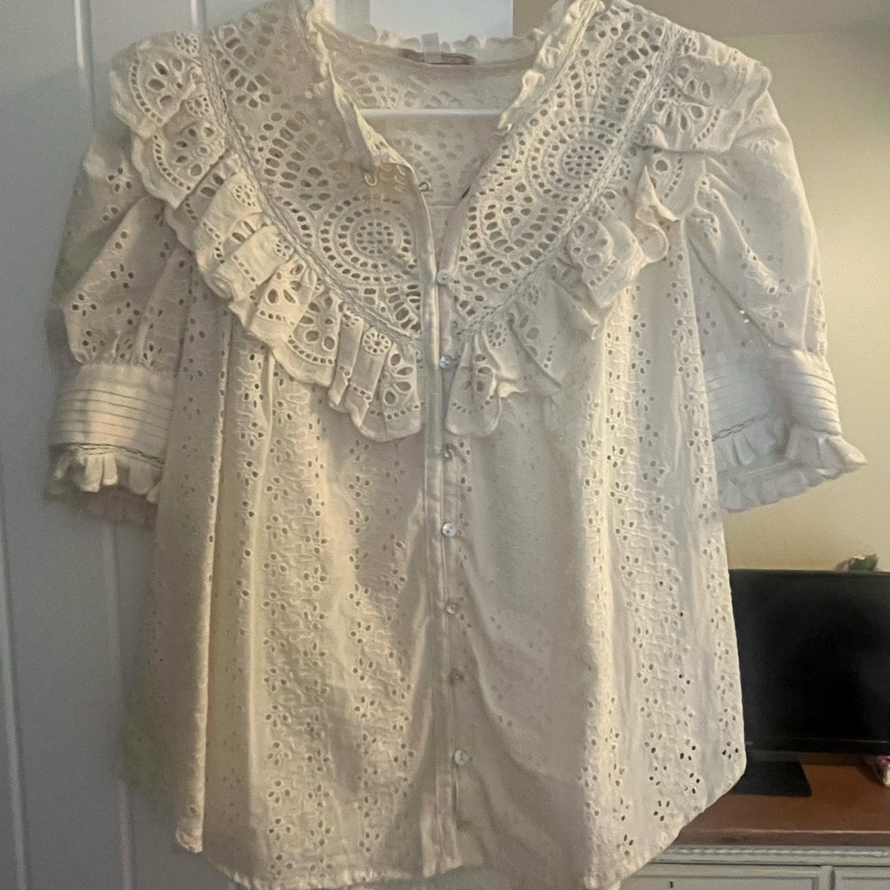 Anthropologie White Puff Sleeve Ruffled Blouse
